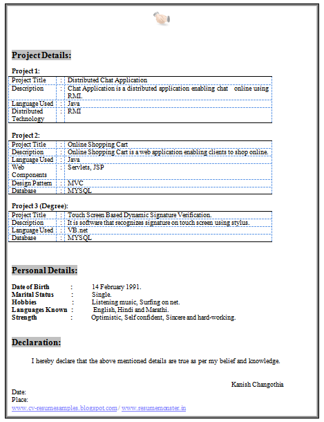 Sample resume of engineering student fresher